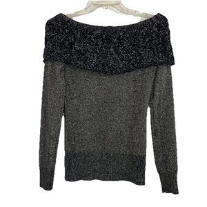 BEBE sz S Knit Sweater Top Black Gold Sparkle Neutral Fold Over Collar Boat Neck